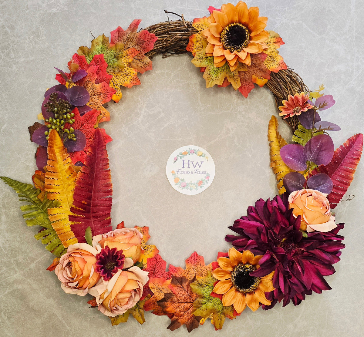 Harvest Hues Wreath - full view on grey background