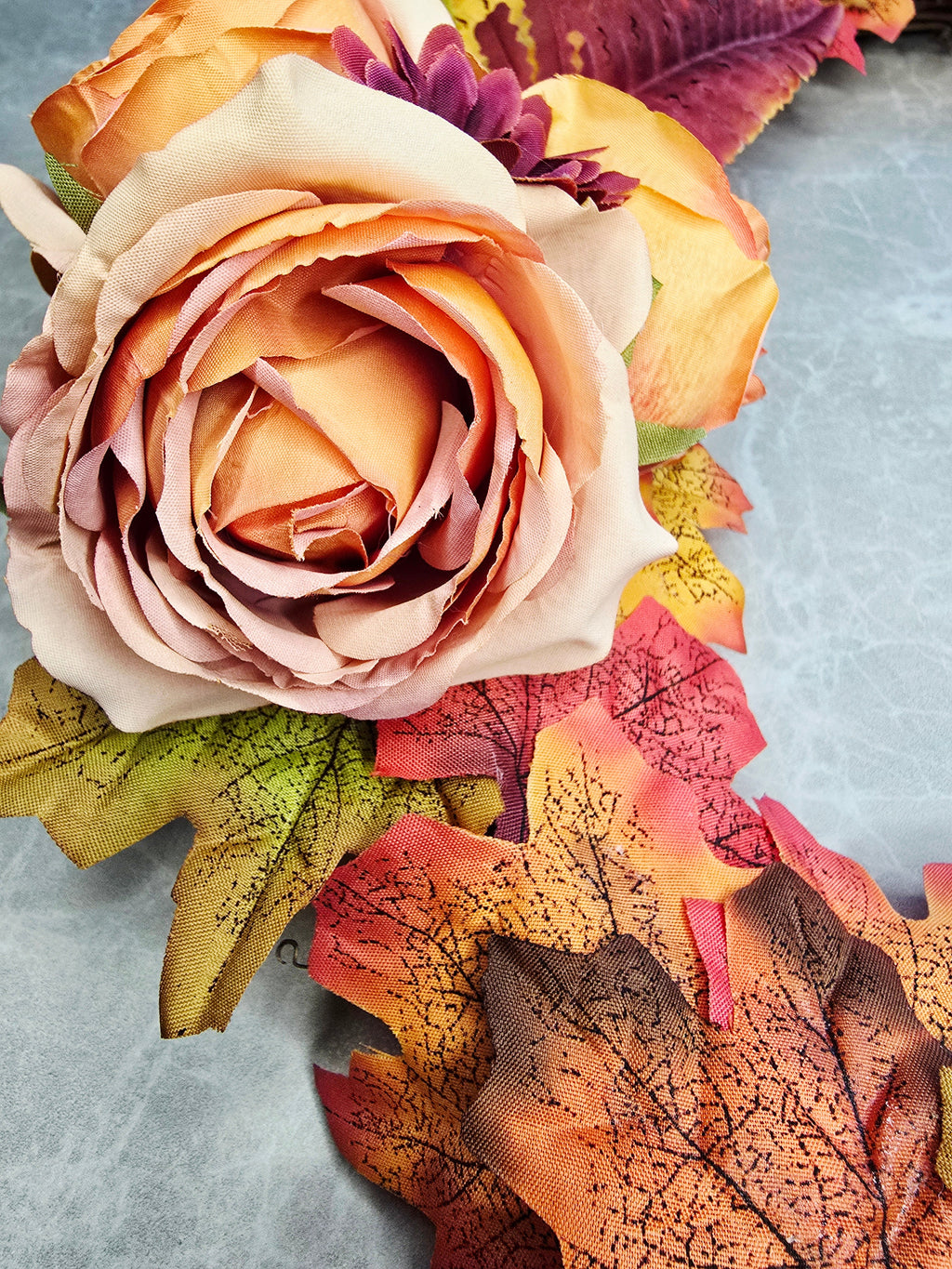 Harvest Hues Wreath - orange rose and autumn leaves detail