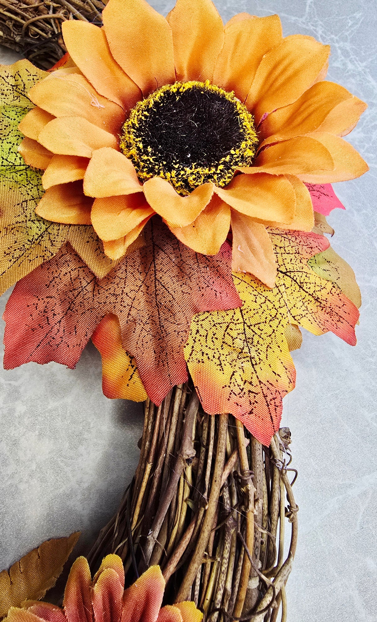 Harvest Hues Wreath - sunflower and grapevine base detail