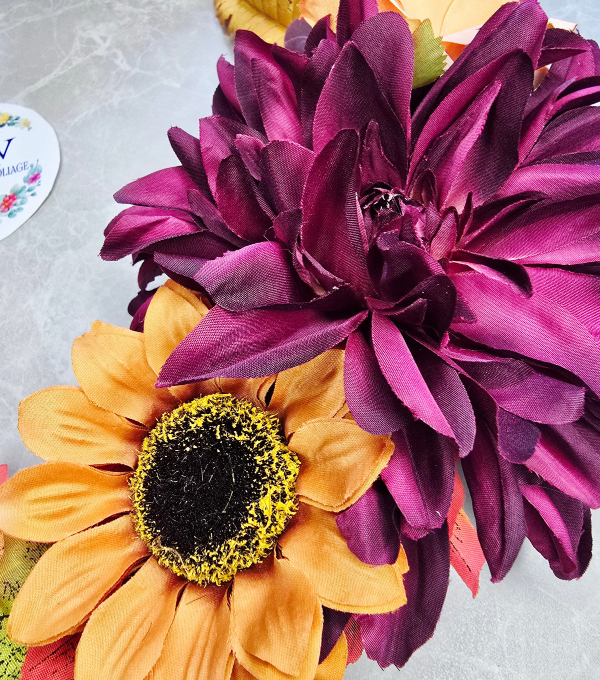 Harvest Hues Wreath - dark red dahlia and sunflower detail