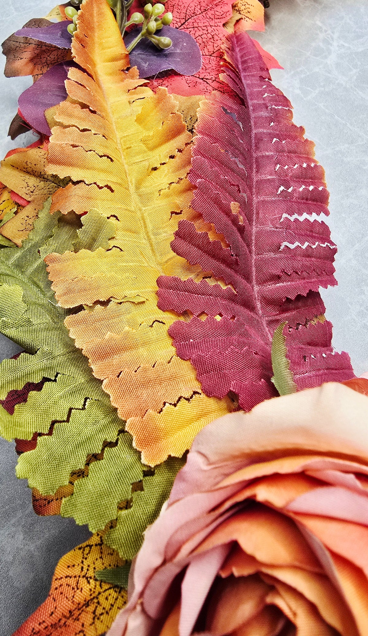 Harvest Hues Wreath - fern leaves and rose detail