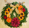 Amber & Mulberry Wreath - full view on salix base with hessian bow