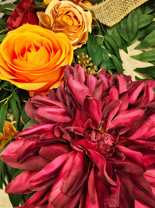 Amber & Mulberry Wreath - close up of orange Harper rose and mulberry dahlia