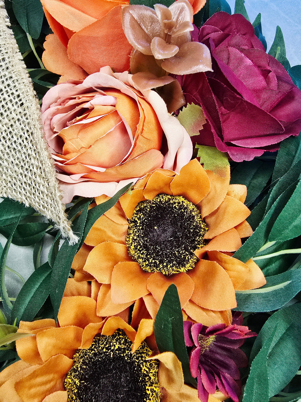 Amber & Mulberry Wreath - crunchy orange rose and burnt orange sunflower detail