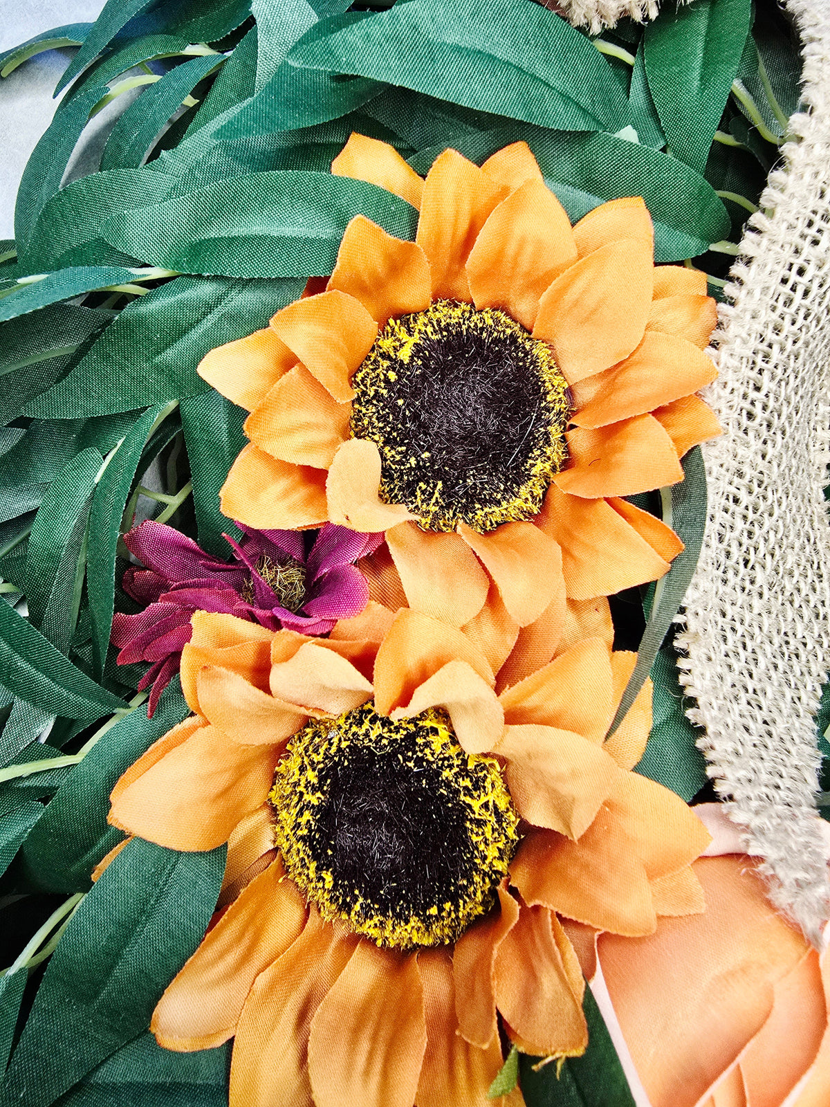 Amber & Mulberry Wreath - burnt orange sunflower close up on salix