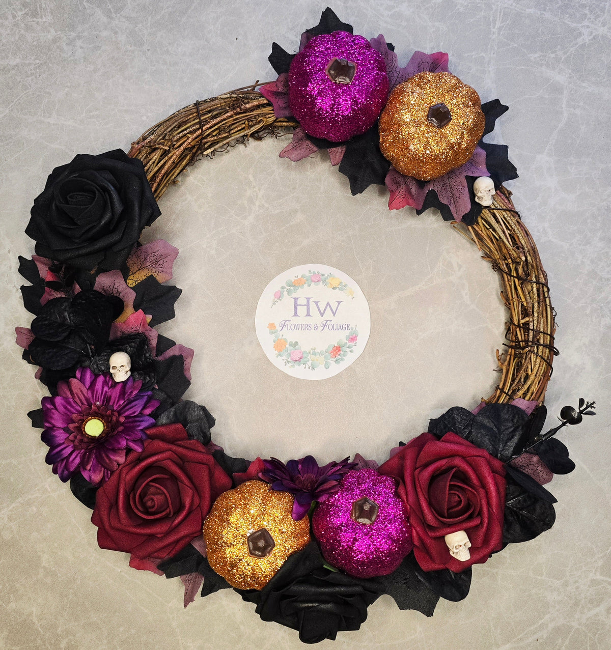 Spooky Sparkle Halloween Wreath - full view with glitter pumpkins and black roses