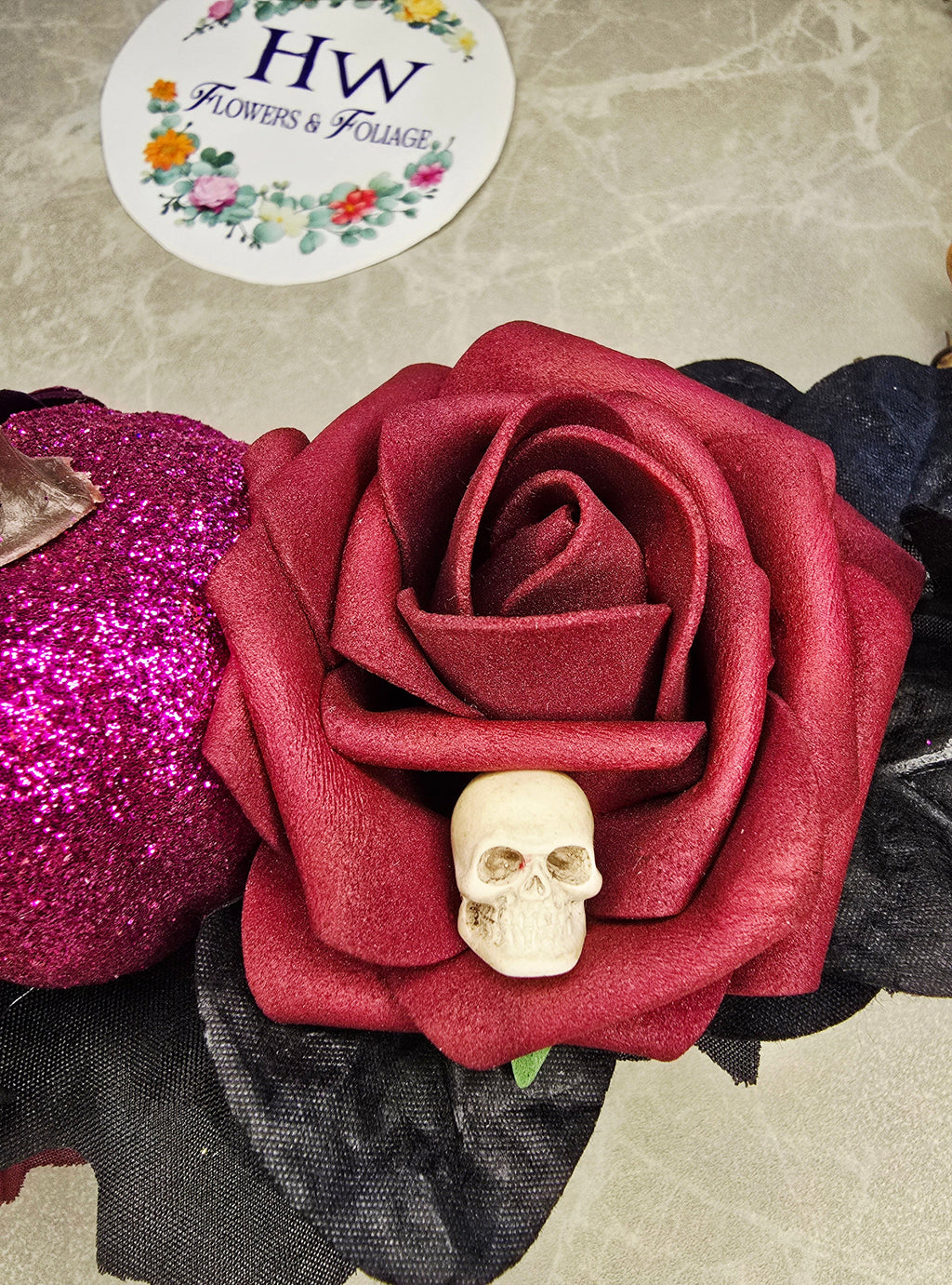Spooky Sparkle Halloween Wreath - dark red real touch foam rose with skull