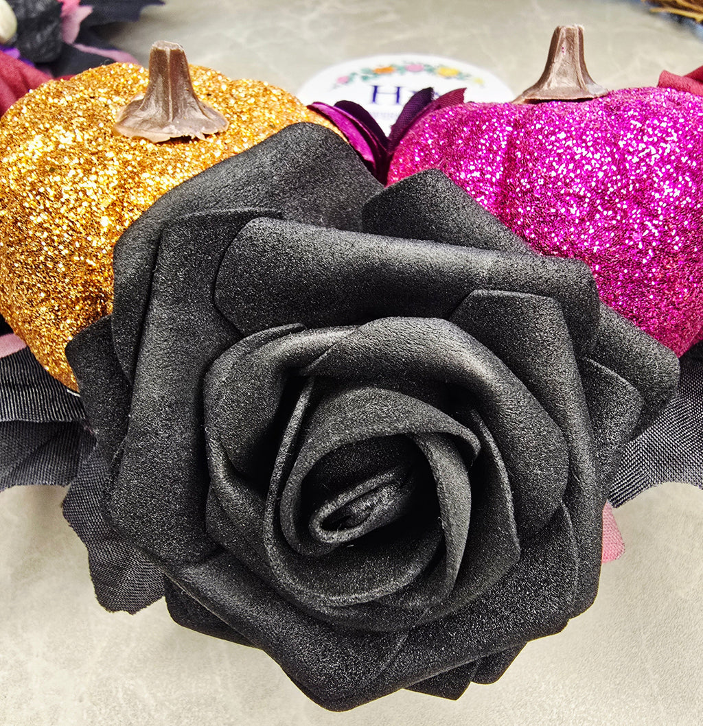Spooky Sparkle Halloween Wreath - black real touch foam rose with glitter pumpkins
