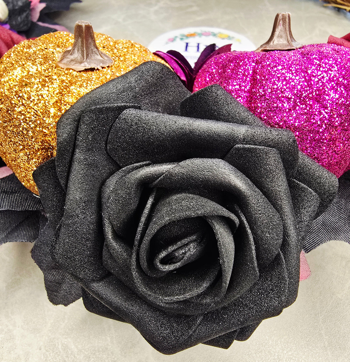 Spooky Sparkle Halloween Wreath - black real touch foam rose with glitter pumpkins