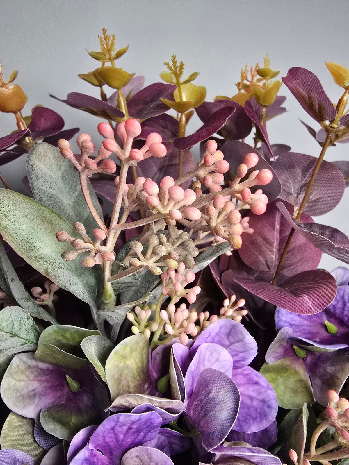 Autumn Purple Haze Bouquet - detail of pink seeded sprigs and burgundy eucalyptus
