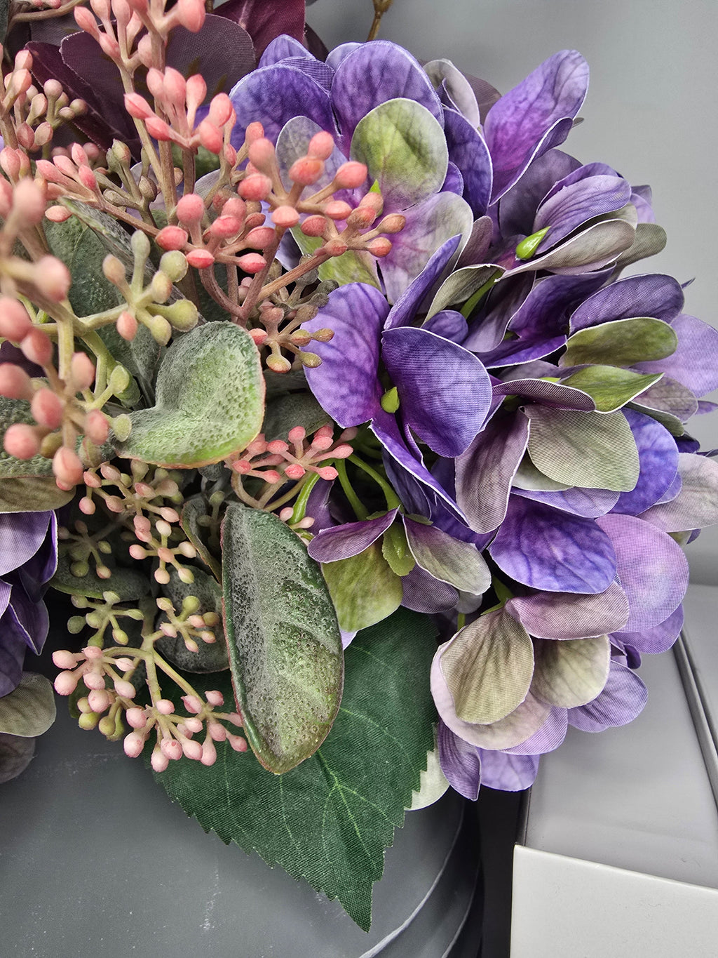 Autumn Purple Haze Bouquet - close up of purple hydrangeas and pink seeded sprigs