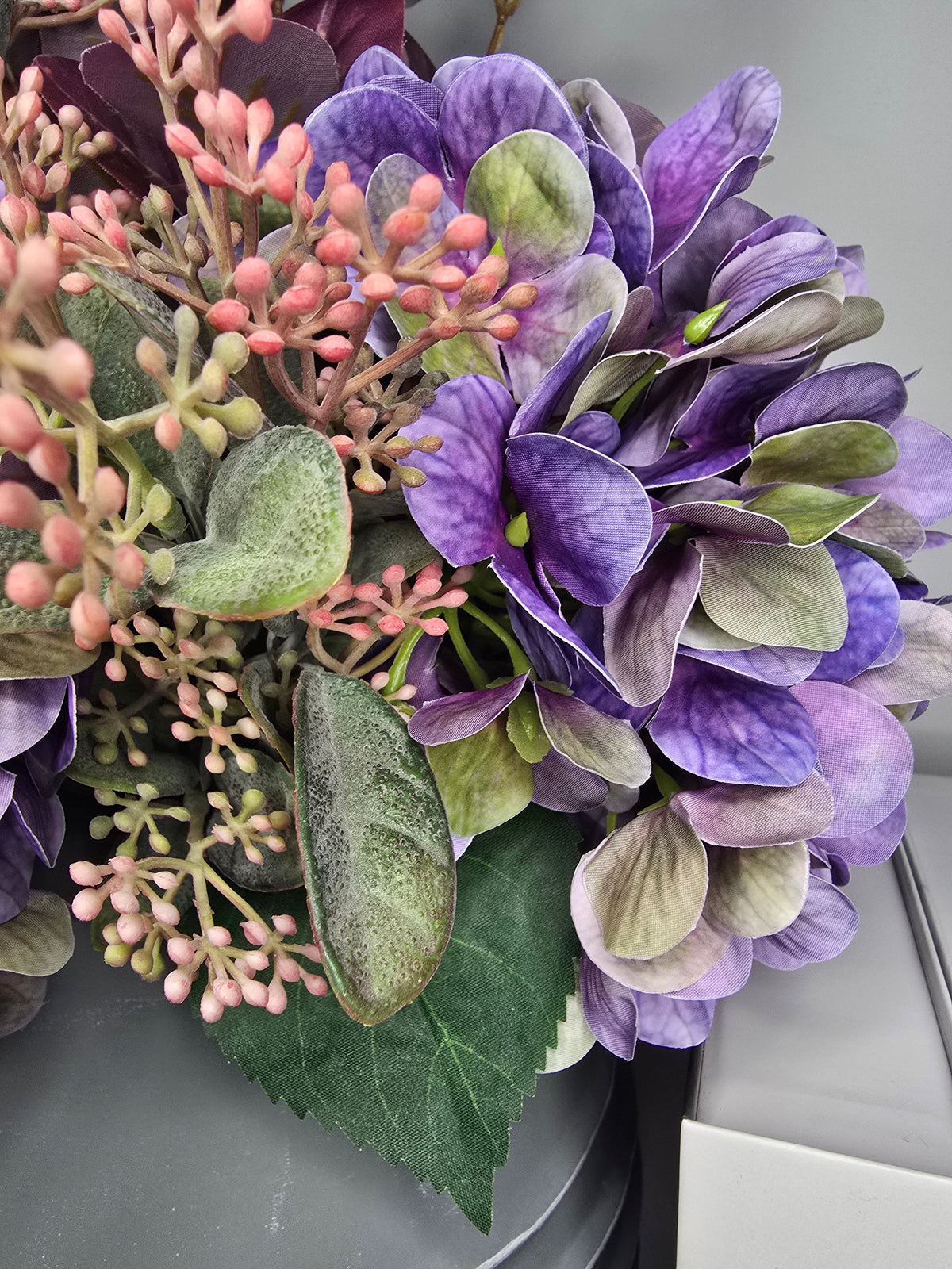 Autumn Purple Haze Bouquet - close up of purple hydrangeas and pink seeded sprigs