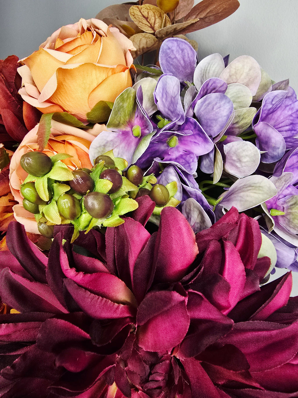 Autumn Nights Bouquet - close up of lilac hydrangea and green berry sprigs