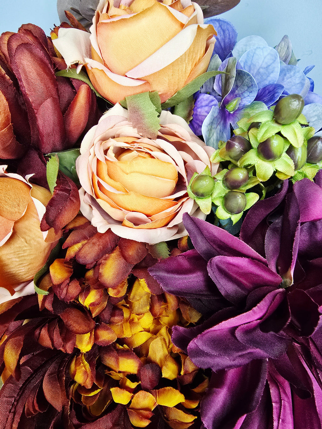 Autumn Nights Bouquet - detail of magenta dahlia and blush roses