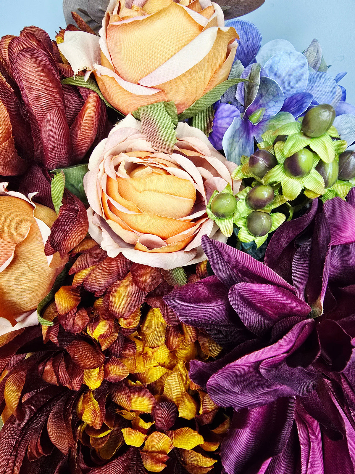 Autumn Nights Bouquet - detail of magenta dahlia and blush roses