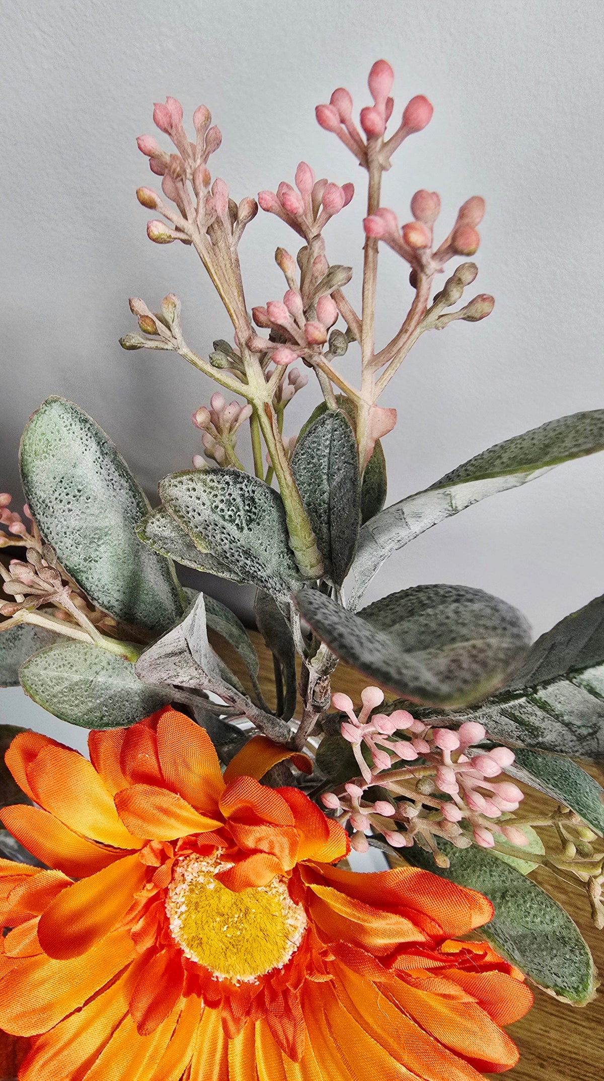 Autumn Gerbera Vase Set – close up of pink seeded sprigs and sage eucalyptus foliage